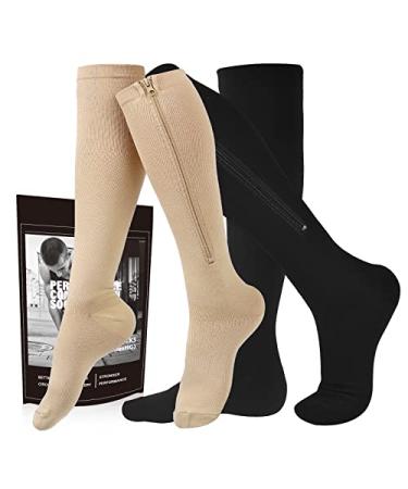 cerpite Zipper Compression Socks Men & Women - 2 Pairs Of 15-20mmhg Closed Toe Compression Socks Knee High,Suit For Running, Black/Beige Large-X-Large