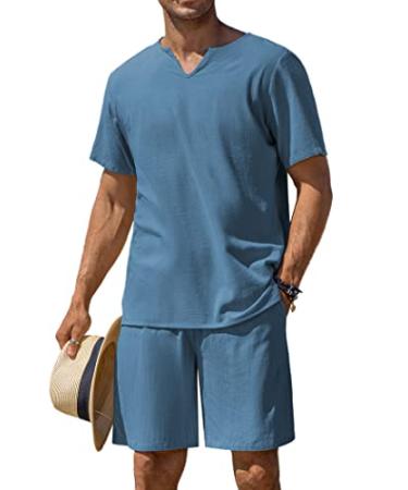 COOFANDY Men's 2 Pieces Cotton Linen Set Henley Shirt Short Sleeve and Casual Beach Shorts Summer Yoga Outfits Deep Blue XX-Large