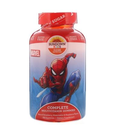 Sundown Naturals Kids Complete Multivitamin Gummies Marvel Spiderman Natural Strawberry Watermelon & Raspberry Flavors 180 Gummies