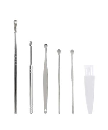 6 Pcs Stainless Steel Ear Pick Earwax Cleaning Tool Portable Earwax Removal Kit Stainless Steel Spring Ear Wax Cleaner Tool Set Ear Wax Remover Curette Spoon Scoop for Humans (silver)