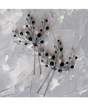 Kercisbeauty Handmade Wedding Hair Pins with Black Crystal Beads Rhinestones for Brides Bridal Hair Piece Prom Women Hair Accessories 2pcs - Buy Online on GoSupps.com