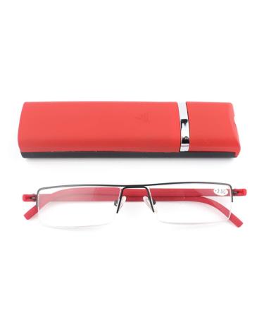 Ultra -light tr90 reading glasses men women classic metal visual aid semi -burning glasses narrow style glasses reading aid with case and glasses cleaning cloth (red +3.0) red +3 dioptria
