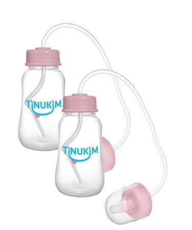 Tinukim iFeed 4 Ounce Self Feeding Baby Bottle with Tube - Handless Anti-Colic Nursing System Pink - 2-Pack