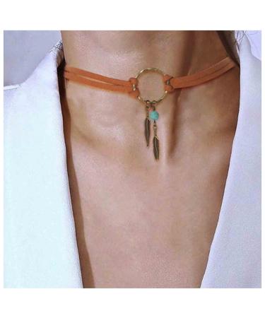 Boho Layered Suede Choker Necklace Tiny Leaf Pendant Necklace Chain Brown O Ring Leather Choker Necklace Turquoise Bead Necklace Chain Jewelry for Women and Girls