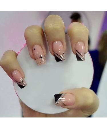 Maggidea False Nails Acrylic Stick on Nails 24pcs Short Long Press On Nails Ballet Fake Nails with Glue Sticker for Women and Girls (Black Gold Geometry)