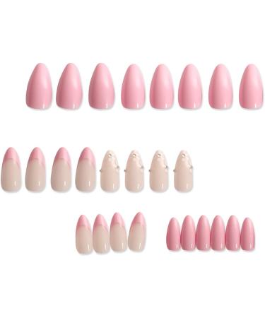 LADYING 24 Pcs Almond Fake Nails Short Peach Pink with White Flower Designs - French False Nails Set for Women - Buy Online on GoSupps.com