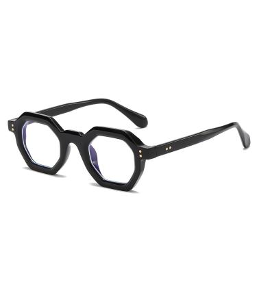 JOVAKIT Retro Octagon Frame Glasses for Women Men Vintage Polygon Non-prescription Clear Lens Eyeglasses 01 Black Anti-blue light lens 44mm(1.73inch) Millimeters
