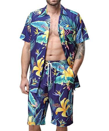 MRIGNT Men's Hawaiian Shirt and Short, 2 Piece Vacation Outfits Sets Short Sleeve Shirt Beach Casual Button Down Shirts Suits B1 X-Large