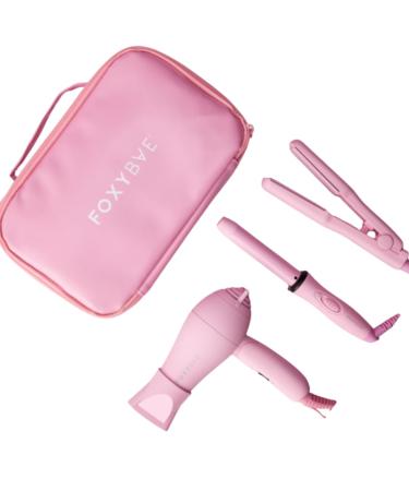 FoxyBae Mini Travel Hair Styling Tools Kit - 1 Flat Iron Curling Iron & Dual Voltage Blowout Dryer Party Pink