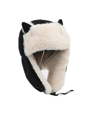 Cute Women's Warm Earmuff Thickened Earflap Hat Winter Cold Proof Warm Cotton Hat Cat Ear Cap Russian Hat Black