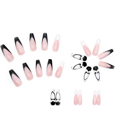 24pcs Long Coffin Ballerina False Nails with Glue - Black & White Heart Design for Women and Girls - Buy Online on GoSupps.com