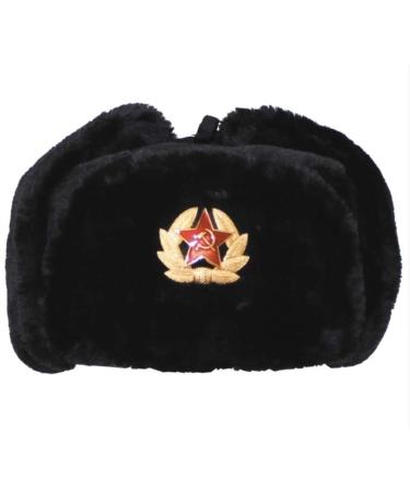 Loxdonz Ushanka Russian Military Hat with Ear Flaps and Soviet Badge, Trapper Ski Hat for Winter One Size Black