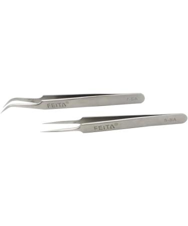 Feita Precision Eyelash Tweezers Set - Professional Straight & Curved Tweezers for Eyelash Extensions - Fine Tip - Silver - 2 Pack - Buy Online on GoSupps.com
