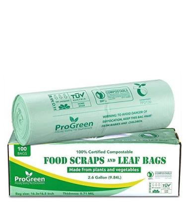 ProGreen 100% Compostable Bags 2.6 Gallon, Extra Thick 0.71 Mil, 100 Count, Small Kitchen Trash Bags, Food Scraps Yard Waste Bags, Biodegradable ASTM D6400 BPI and VINCOTTE Certified.