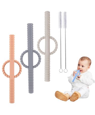 SOLIFEGOBLE Hollow Teething Tubes for Baby Silicone Baby Soothing Teether Toy Chewy Tube with Handle Teething Straws for Toddlers (Begie&Grey&Khaki)
