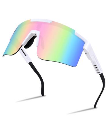 FEISEDY Cycling Sports Sunglasses Wraparound Adjustable Legs 80s Running Baseball Visor for Men Women Shield B2837 Rainbow-mirror 75 Millimeters