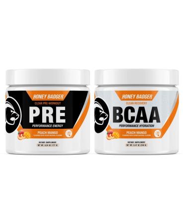 Honey Badger Vegan Keto Pre Workout and BCAA | Peach Mango | Natural Paleo Sugar Free Pump Energy Supplement Nootropics Amino Acids Nitric Oxide Sucralose Free + Non-Habit Forming | 30 Servings