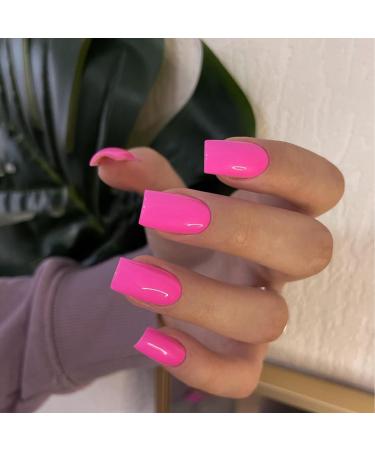 Hot Pink Press on Nails - Medium Square Coffin Style | Thick Reusable Gel Acrylic False Nails | 24 Glossy Solid Color Set - SXVME - Buy Online on GoSupps.com