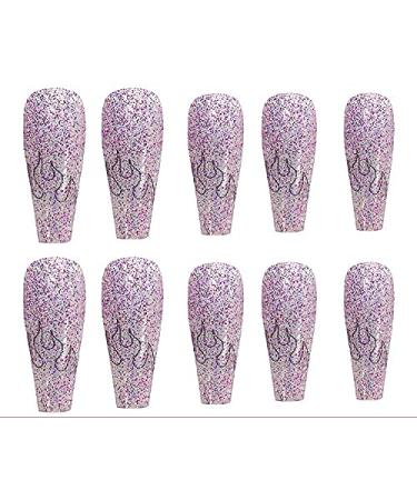 Brishow Coffin Artificial Nails - Long Flame Glitter Press-On Ballerina Acrylics - 24 Pieces for Women & Girls | International Shipping Available - Buy Online on GoSupps.com