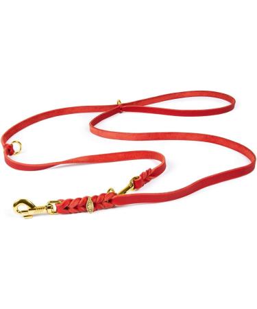 Premium COPCOPET 3-Way Adjustable Dog Leash - Handmade Fat Leather Brass Fittings & Carabiners - 2.80m x 15mm Red - International Shipping - Buy Online on GoSupps.com
