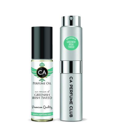 CA Perfume Duo Impression of Greenish Irish Tweed For Men Eau de Parfum Refillable Atomizer Sprayer + Fragrance Body Oil Long Lasting Sample Travel Size Roll-On Bottle 0.27 Fl Oz+0.33 Fl Oz