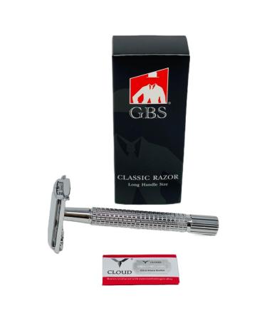 G.B.S Long Handle Classic Double Edge Safety Razor - Butterfly Open Razor 10 Stainless Steel Double Edge Blade Refills - Close Clean Shaving Razor for Men
