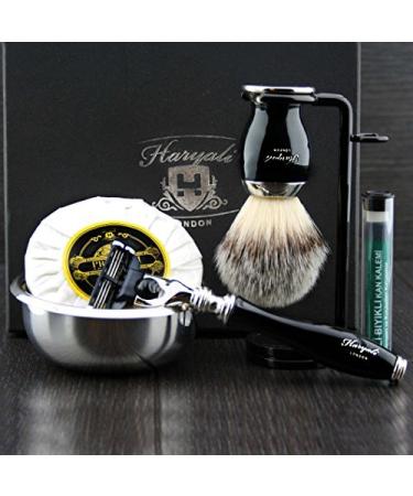 6 Pc Mens Shaving Kit 3 Edge Razor with Synthetic Badger Hair Shaving Brush Stand Soap Bowl and Alum Perfect Set for Men