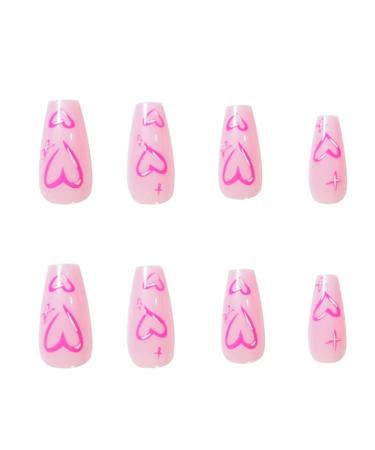 Kamize Long Pink Heart Coffin Press On Fake Nails - 24PCS Stylish Full Cover Stick On Nails for Women and Girls - Buy Online on GoSupps.com
