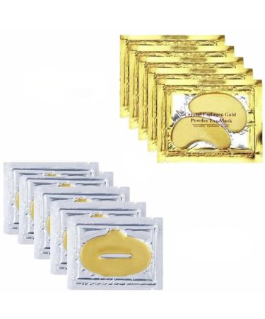 Crystal Collagen 24k Gold Under Eye & Lip Gel Pads Face Mask Anti Aging Wrinkle Gel Under Eye and Lip Patches Vegan Cruelty-Free Self Care (5 Lip Masks & 5 Pair Eye Masks)