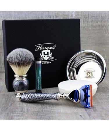 5 Pc Mens Shaving Kit 5 Edge Safety Razor With Silver Tip Badger Hair Shaving Brush Soap Stainless Steel Bowl and Alum Perfect Set For Men