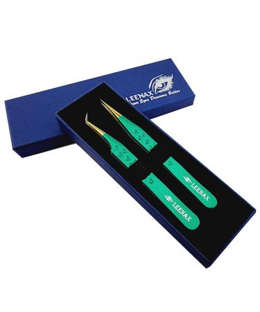 Leenax 2 Pieces Fiber Tip (Anti   Slip) Eyelash Extension Tweezers  Straight And 45-Degree Volume Tweezers  Japanese Stainless Steel  Hearts Design (Green).