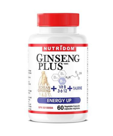 Nutridom Panax Ginseng Root Extract with Tarurine & B-Vitamins Supports Physical Capacity and Performance Non-GMO Vegan Gluten-Free Dairy & Soy Free (60 Veggie Capsules)