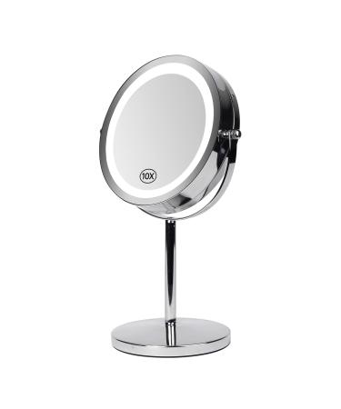 7" Lighted Makeup Mirror, YYAMEA 10X Magnifying Vanity Mirror Double Sided, Round Standing 360° Rotation Cosmetic Mirror for Bedroom Bathroom Office 7" Mirror