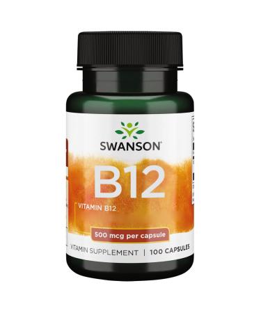 Swanson Vitamin B12 Cyanocobalamin 500mcg 100 Capsules High Dosed Soy Free Gluten Free Non-GMO