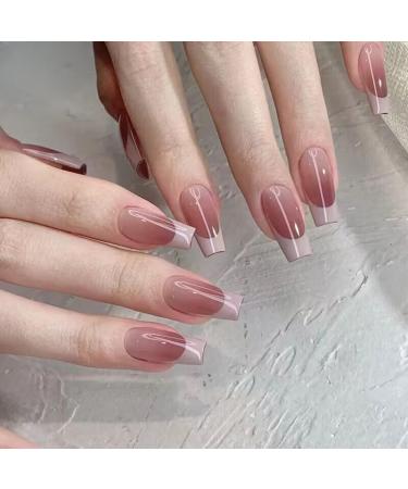 24Pcs/Set Press On Nails Mid Length Simple powder blusher peach powder French False Nails Acrylic Fake Nails Full Cover Nails Tips Artificial Finger Manicure Press on nails for Women and Girls