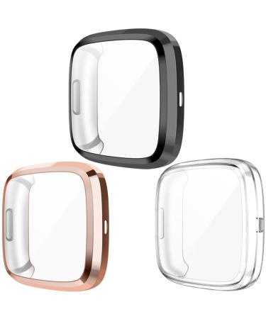 Wepro Screen Protector Case Compatible with Fitbit Versa 2 Smartwatch 3-Pack Soft TPU Plated Bumper Full Cover Cases for Fitbit Versa Watch Clear/Black/Rosegold Shock Proof Fit Shell Replacement Black/Clear/Rose Gold