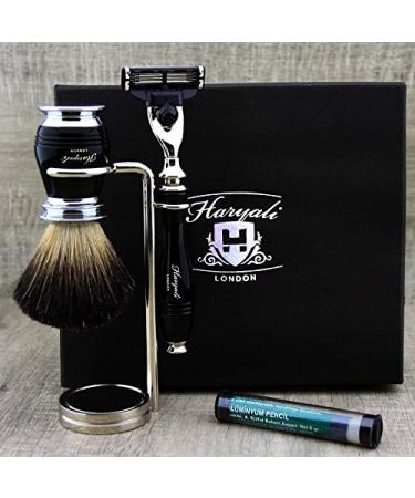 4Pc Mens Grooming & Shaving Kit 3 Edge Razor with Black Badger Hair Shaving Brush Stand and Alum Pencil Perfect Set for Men