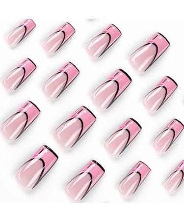 Foccna Pink Medium Long Press on Acrylic Fake Nails - 24pcs Square French Cartoon False Nails for Women and Girls - Buy Online on GoSupps.com