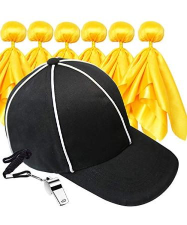 Six Senses Media 6 Penalty Flag Football Flags, 1 Referee Hat Black with White, 1 Referee Stainless Steel Whistle with Lanyard, Sports Fan Set for Football Games Party Accessory