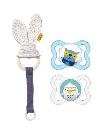 MAM "Skin Soft" Silikon Schnuller 0-6 neutral // 2 Set // incl. Sterilisiertrasportbox // & Babyfehn Rasselring antbear with pacifier holder