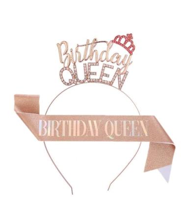 Veewon Rhinestone Rose Gold Glitter Birthday Queen Sash and Tiara Headband for Women Girls Birthday Gifts