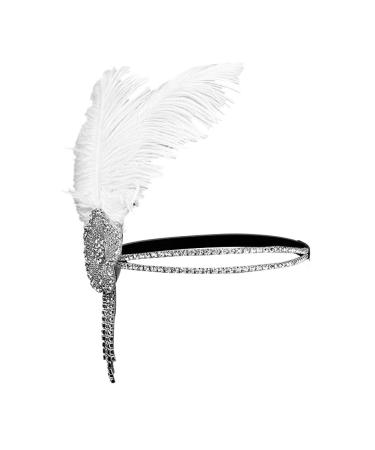 Positive Costume Great Gatsby Flapper Headband Elegant Crystal Rhinestone Flower Tassels 1920s Vintage Hairband Old Hollywood Glam Headpiece (White)