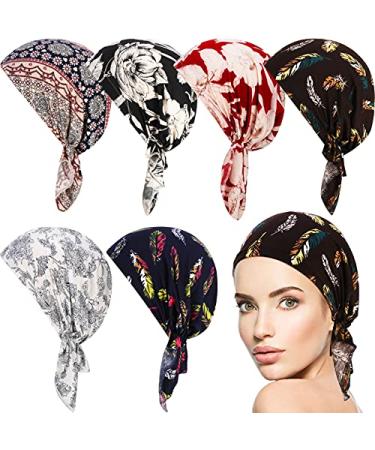 6 Pcs Women Head Scarf Pre-Tied Head Scarves Beanies Covers Cap Stretch Print Sleep Turban Hat Ruffle Beanie Scarf Floral
