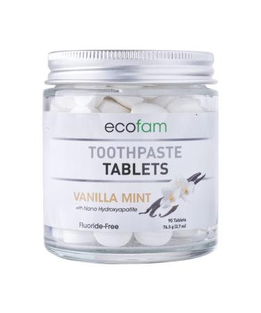Ecofam Chewable Xylitol Toothpaste Tablets - 90 Natural Vanilla Mint Whitening Tabs - Eco Friendly Zero Waste Glass Jar - Fluoride-Free -with Nano Hydroxyapatite - Vegan - Made in The USA