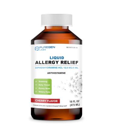 Puregen Labs Allergy Relief Oral Solution Diphenhydramine HCl 12.5mg/5 mL Antihistamine Cherry Flavor 16 Ounces - Buy Online on GoSupps.com