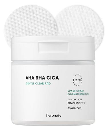 HERBNOTE AHA BHA Cica Gentle Clear Pad - Facial Exfoliating Pad for Dead Skin Cell Care pH Balancing & Sebum Control Tighten Large Pores Calm Sensitive Skin & Moisturize Dry Flaky Skin 70 Sheets