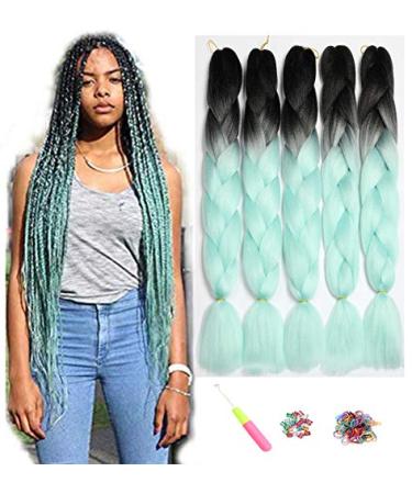 Showjarlly jumbo braid artificial hair hair ombre braid extension 24 inch KanCalon hair braid extensions 5 pieces for crochet twist lichen hair box braid for braid black/light green# 61cm-24 inch (5 pack) black/light green