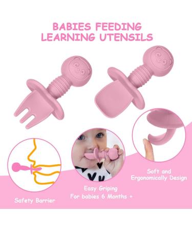 Vicloon Baby Fork and Spoon Set - 4Pcs Silicone Self Feeding Utensil for Infant Toddler, Easy Grip Cutlery Kit for Children - Red/Orange - Buy Online on GoSupps.com
