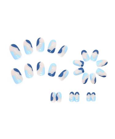 24 Pcs Blue Press on Nails - Short Oval Shape Almond Glossy False Nails with French Stripe Wave Design - Artificial Finger Manicure for Women and Girls - Buy Online on GoSupps.com