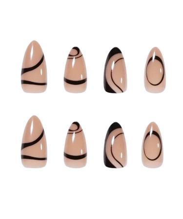 Sankki Almond French Tip Press on Nails - Black Abstract Line Design - 24Pcs Medium Length False Nails - Acrylic Glossy Finish - for Women and Girls - Buy Online on GoSupps.com